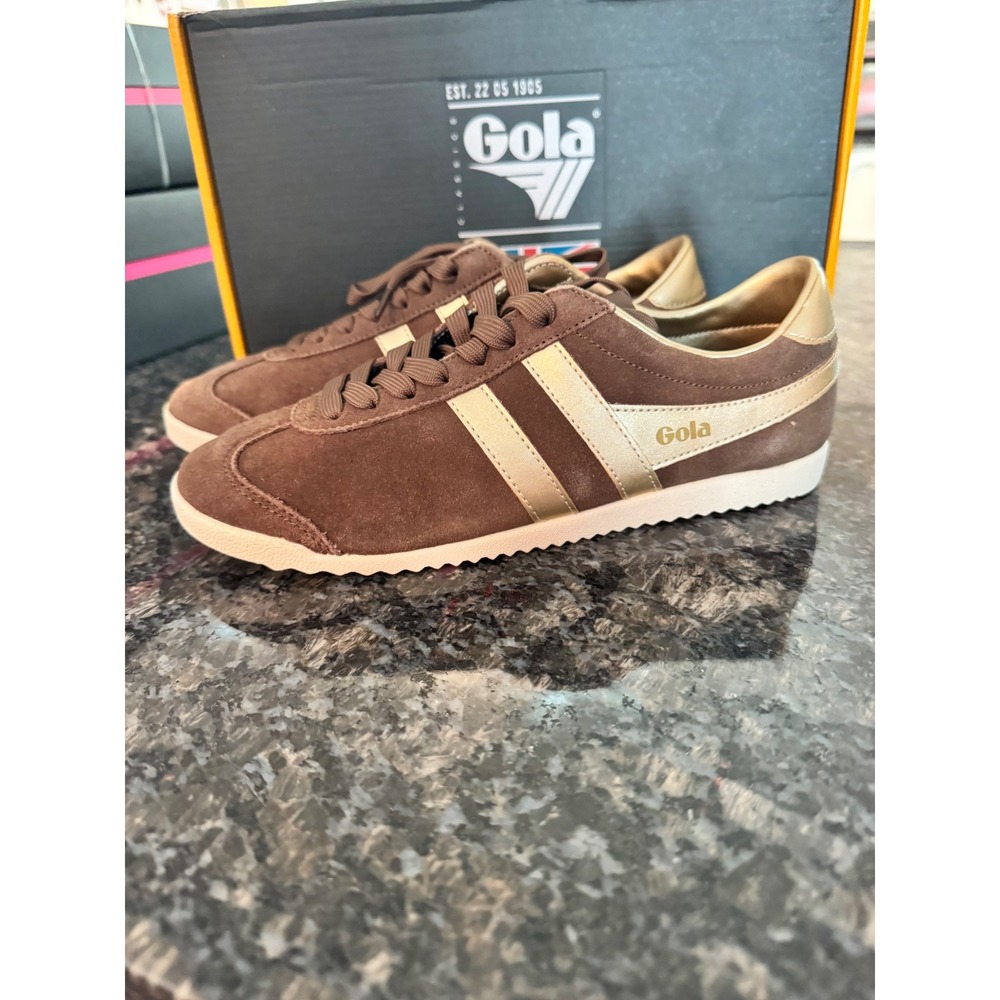 Gola Womens Bullet Pearl Trainer Otter Brown Gold Suede Sneakers CLA838 Size 7.5